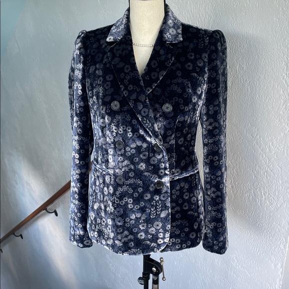 Rebecca Taylor NWOT Velvet Liane Blue Floral Blazer Sz 6 - Picture 4 of 9